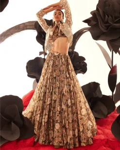 Abstract Floral Bow Blouse Skirt With Embroidered Jacket