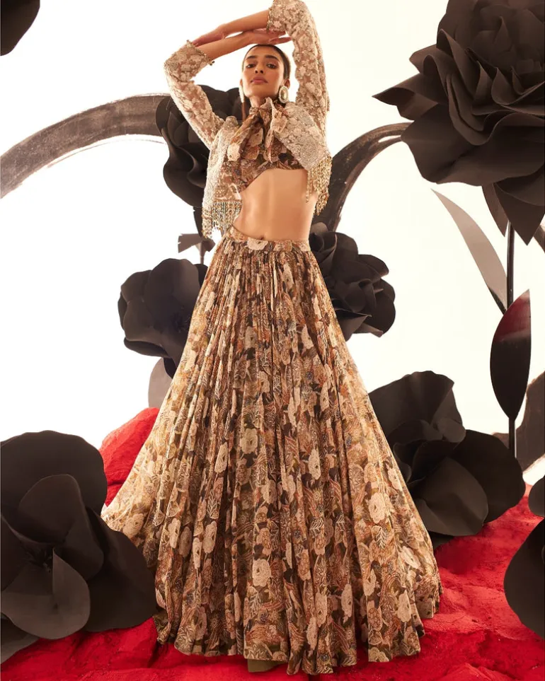 Abstract Floral Bow Blouse Skirt With Embroidered Jacket