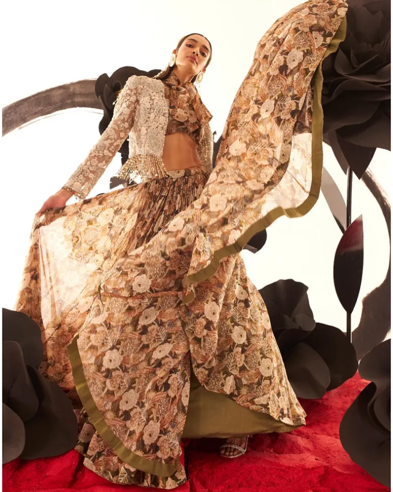 Abstract Floral Bow Blouse Skirt With Embroidered Jacket