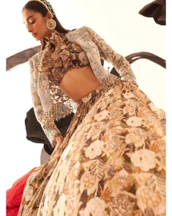 Abstract Floral Bow Blouse Skirt With Embroidered Jacket