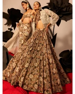 Abstract Floral Bow Blouse Skirt With Embroidered Jacket