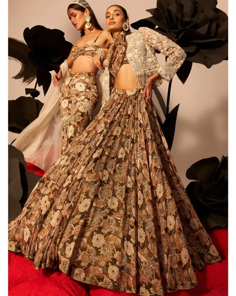 Abstract Floral Bow Blouse Skirt With Embroidered Jacket