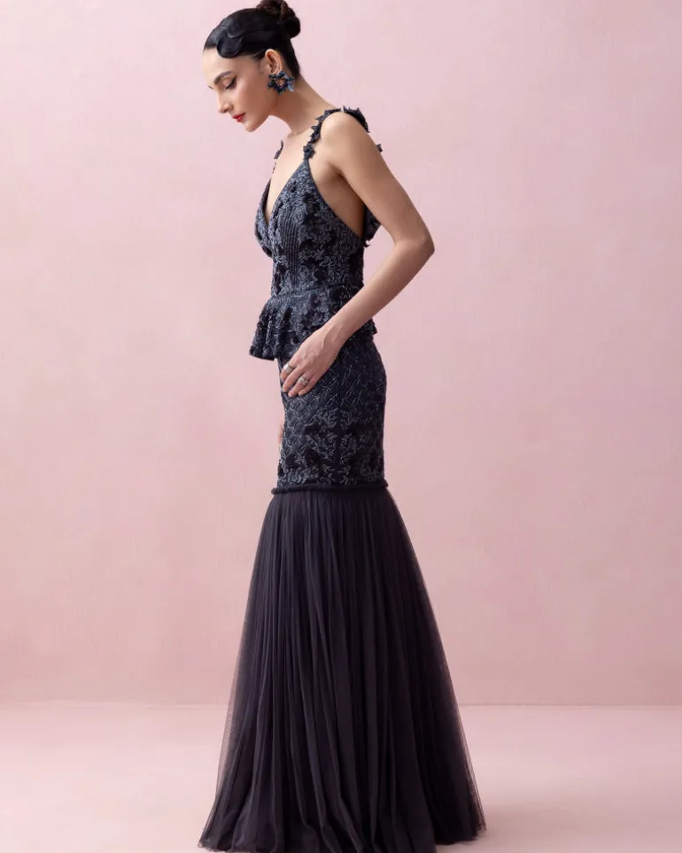 Aegean Blue Organza Peplum and Mermaid Skirt Set