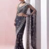 Aegean Blue Tulle Sari With Organza Border And Razorback Blouse