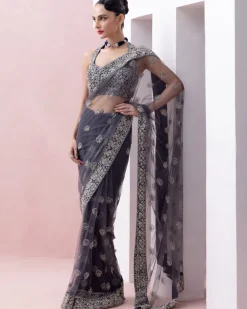 Aegean Blue Tulle Sari With Organza Border And Razorback Blouse