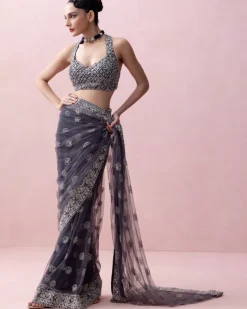 Aegean Blue Tulle Sari With Organza Border And Razorback Blouse