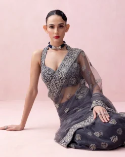 Aegean Blue Tulle Sari With Organza Border And Razorback Blouse