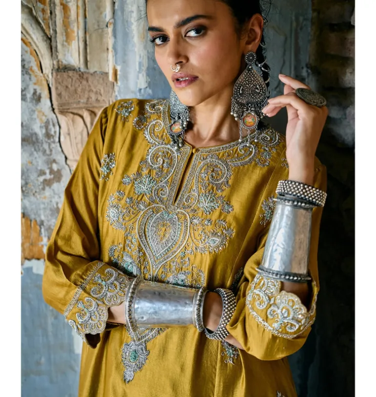 Akesha Mustard Embroidered Tunic Set