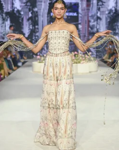 Anam Off White Corset Embroidered Choli With Ochre Forest Whisper Print Sharara Set