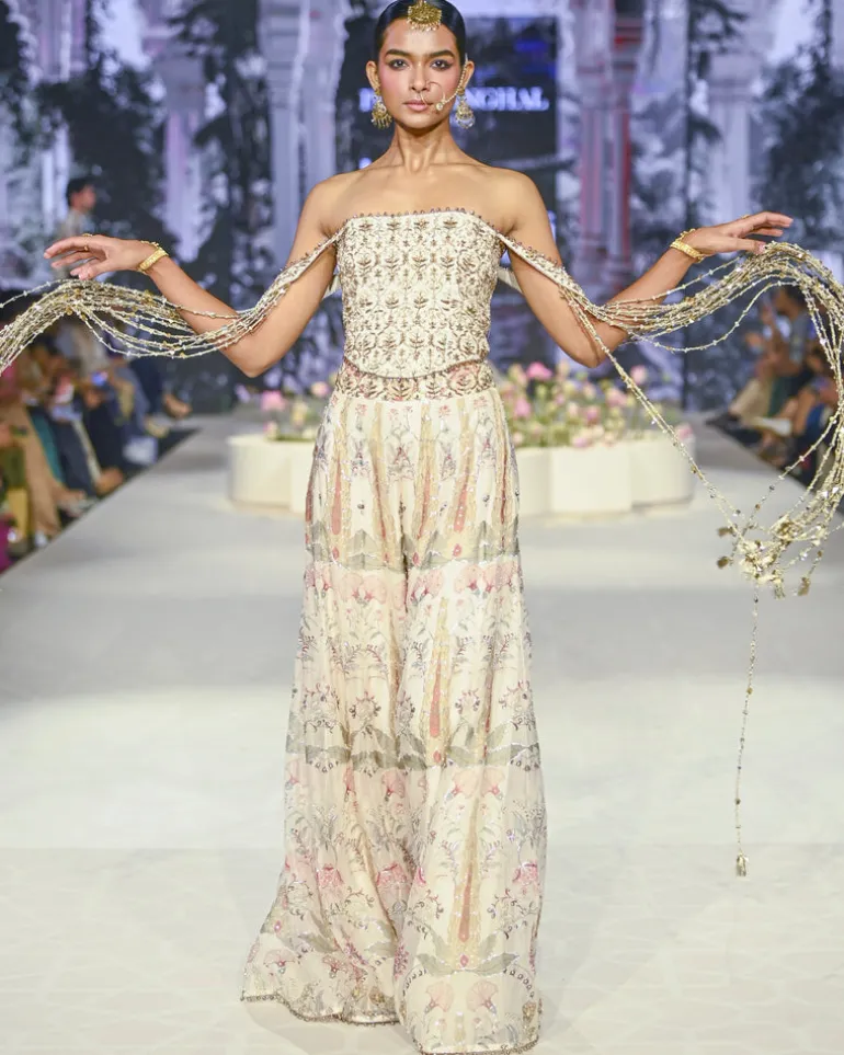 Anam Off White Corset Embroidered Choli With Ochre Forest Whisper Print Sharara Set