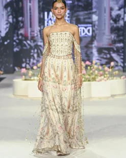 Anam Off White Corset Embroidered Choli With Ochre Forest Whisper Print Sharara Set