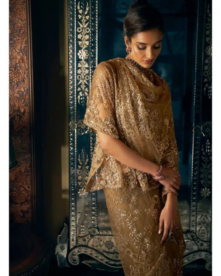Antique Gold Sequin Sari Set