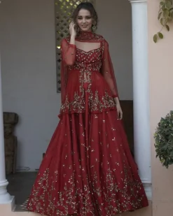 Antique Gold Sequins Raw Silk Lehenga With Peplum Work Blouse