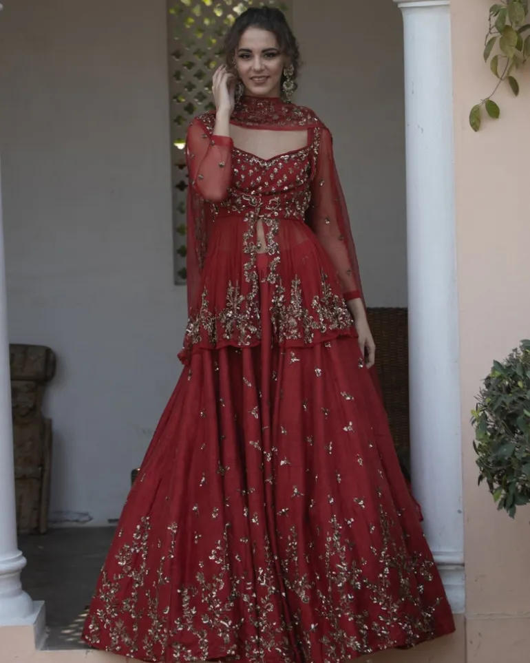Antique Gold Sequins Raw Silk Lehenga With Peplum Work Blouse