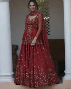 Antique Gold Sequins Raw Silk Lehenga With Peplum Work Blouse