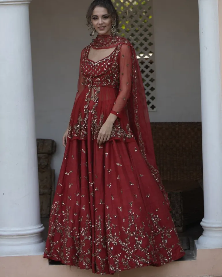 Antique Gold Sequins Raw Silk Lehenga With Peplum Work Blouse