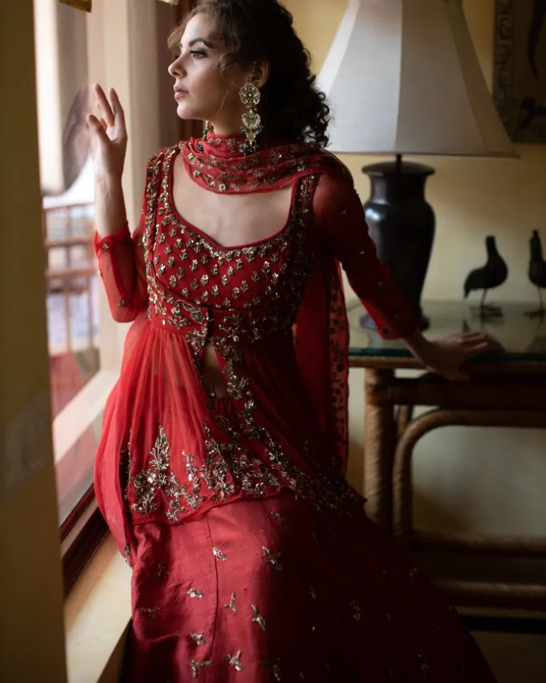 Antique Gold Sequins Raw Silk Lehenga With Peplum Work Blouse