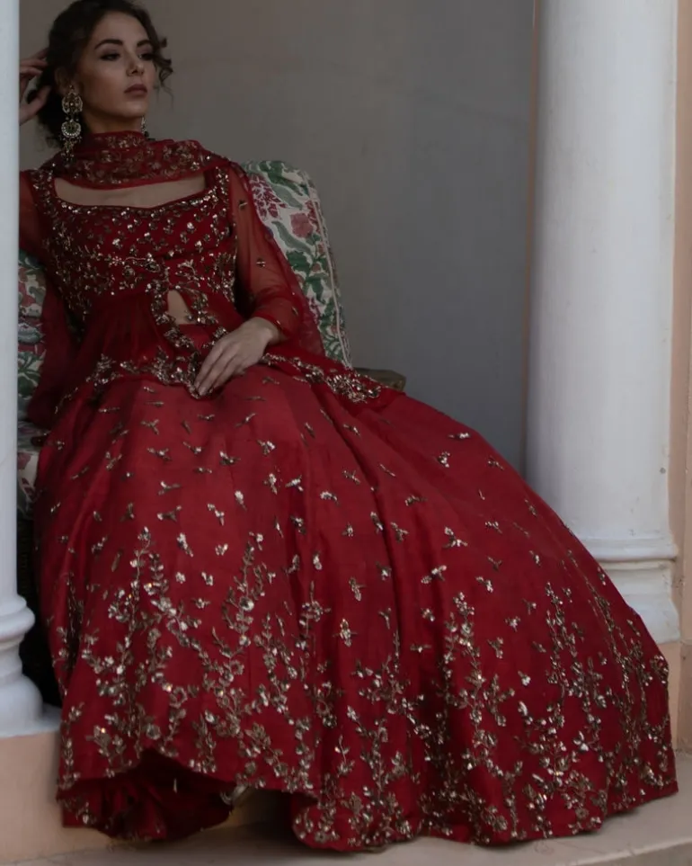 Antique Gold Sequins Raw Silk Lehenga With Peplum Work Blouse