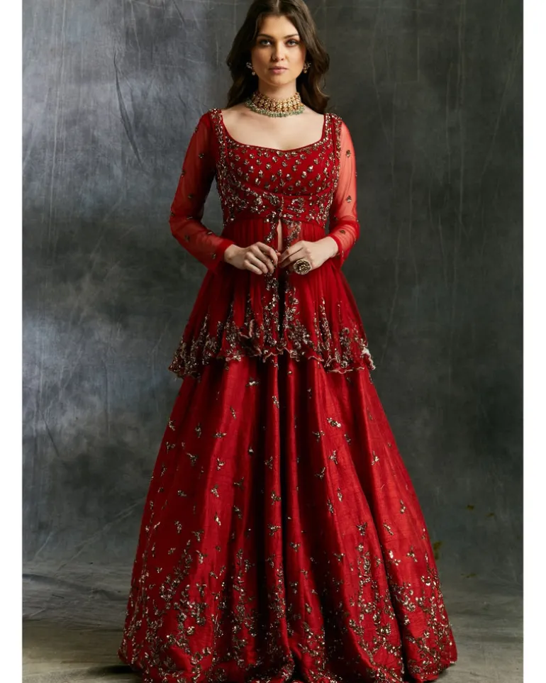 Antique Gold Sequins Raw Silk Lehenga With Peplum Work Blouse