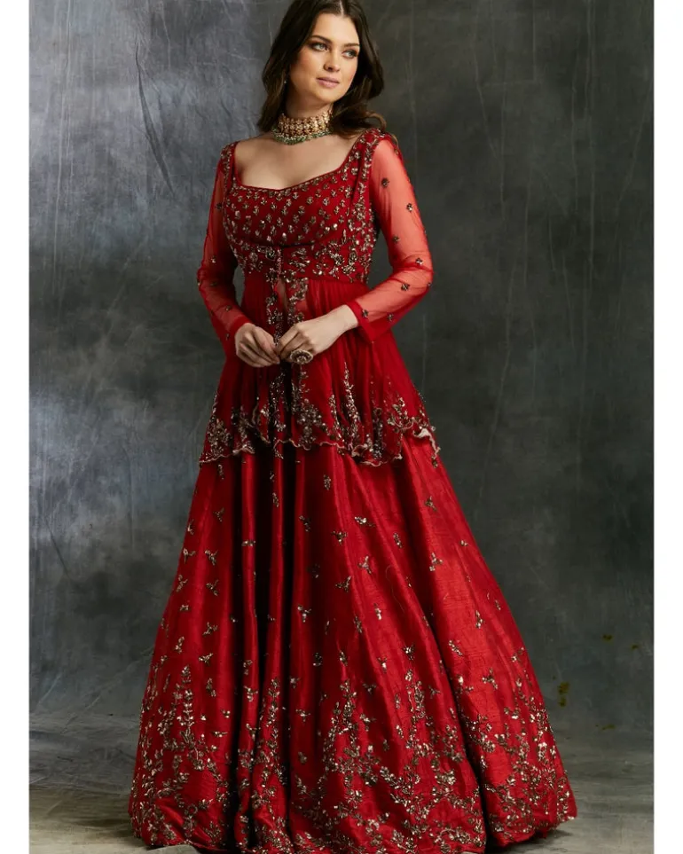 Antique Gold Sequins Raw Silk Lehenga With Peplum Work Blouse