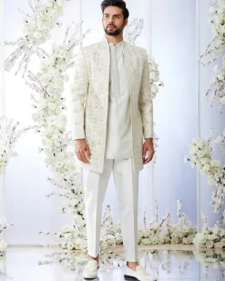 Antique Silver Open Sherwani Set