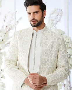 Antique Silver Open Sherwani Set