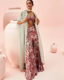 Aqua Abstract Floral Gharara And Cape Set
