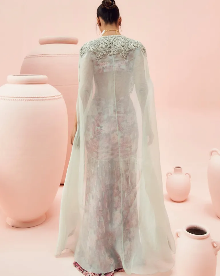 Aqua Abstract Floral Gharara And Cape Set