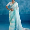 Aqua Blue Silk Organza Hand-Painted Leheriya Sari