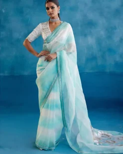 Aqua Blue Silk Organza Hand-Painted Leheriya Sari