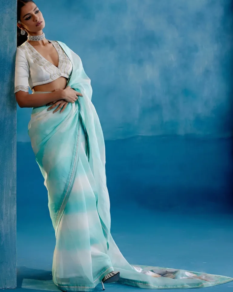 Aqua Blue Silk Organza Hand-Painted Leheriya Sari