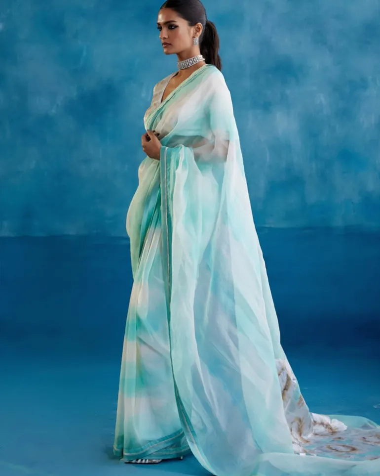 Aqua Blue Silk Organza Hand-Painted Leheriya Sari