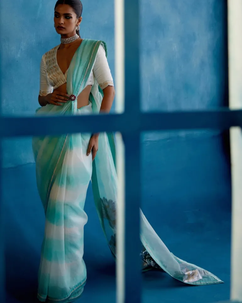 Aqua Blue Silk Organza Hand-Painted Leheriya Sari