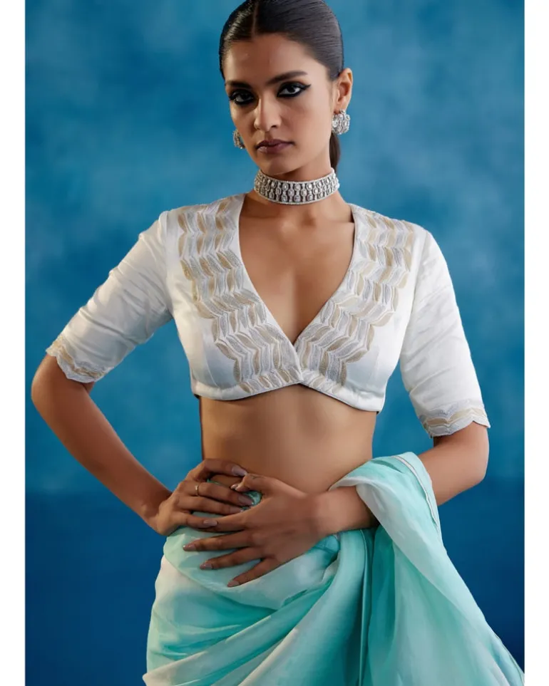 Aqua Blue Silk Organza Hand-Painted Leheriya Sari