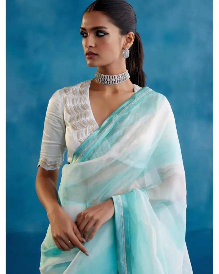 Aqua Blue Silk Organza Hand-Painted Leheriya Sari