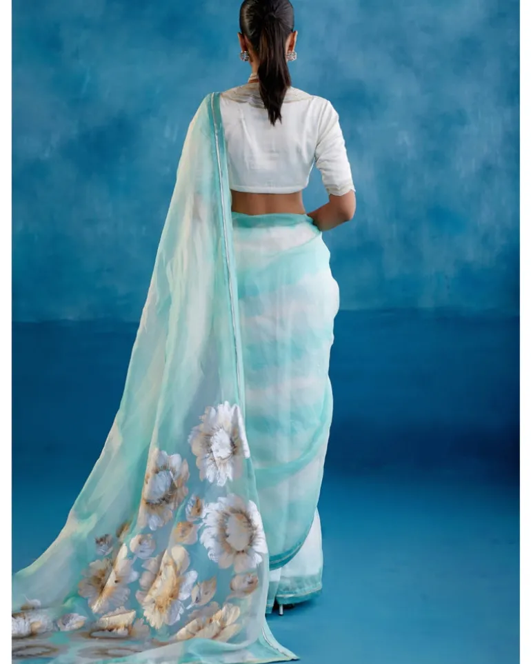 Aqua Blue Silk Organza Hand-Painted Leheriya Sari