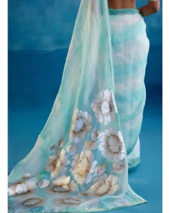 Aqua Blue Silk Organza Hand-Painted Leheriya Sari