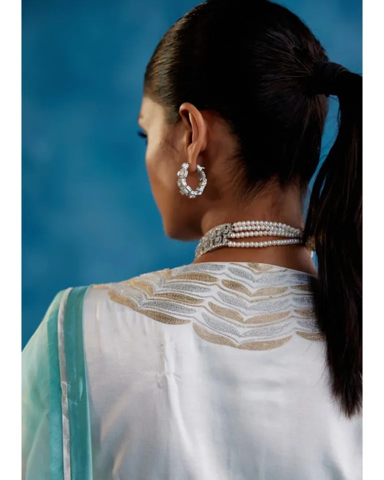 Aqua Blue Silk Organza Hand-Painted Leheriya Sari