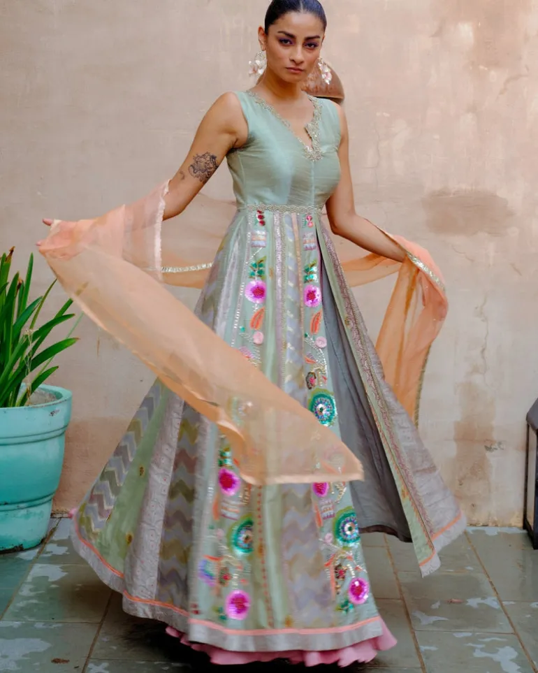 Aqua Jacket Anarkali Set