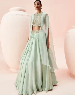 Aqua Lehenga And Cape Set