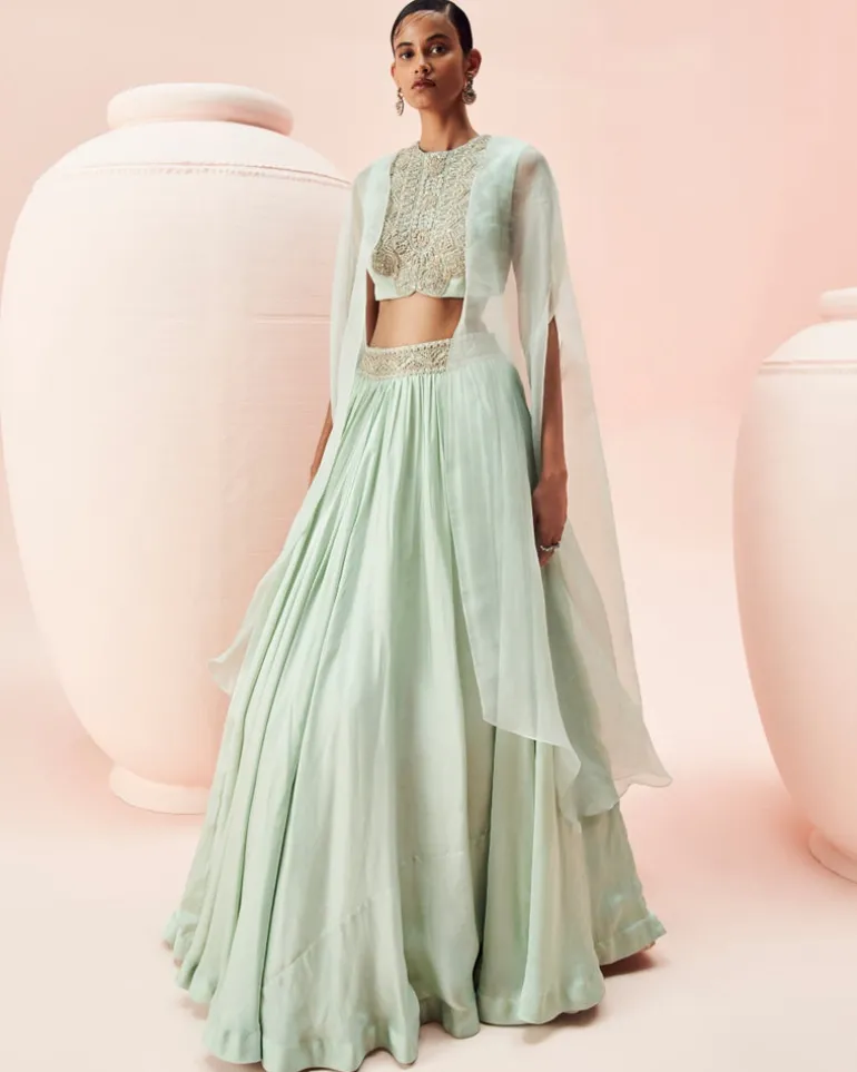 Aqua Lehenga And Cape Set