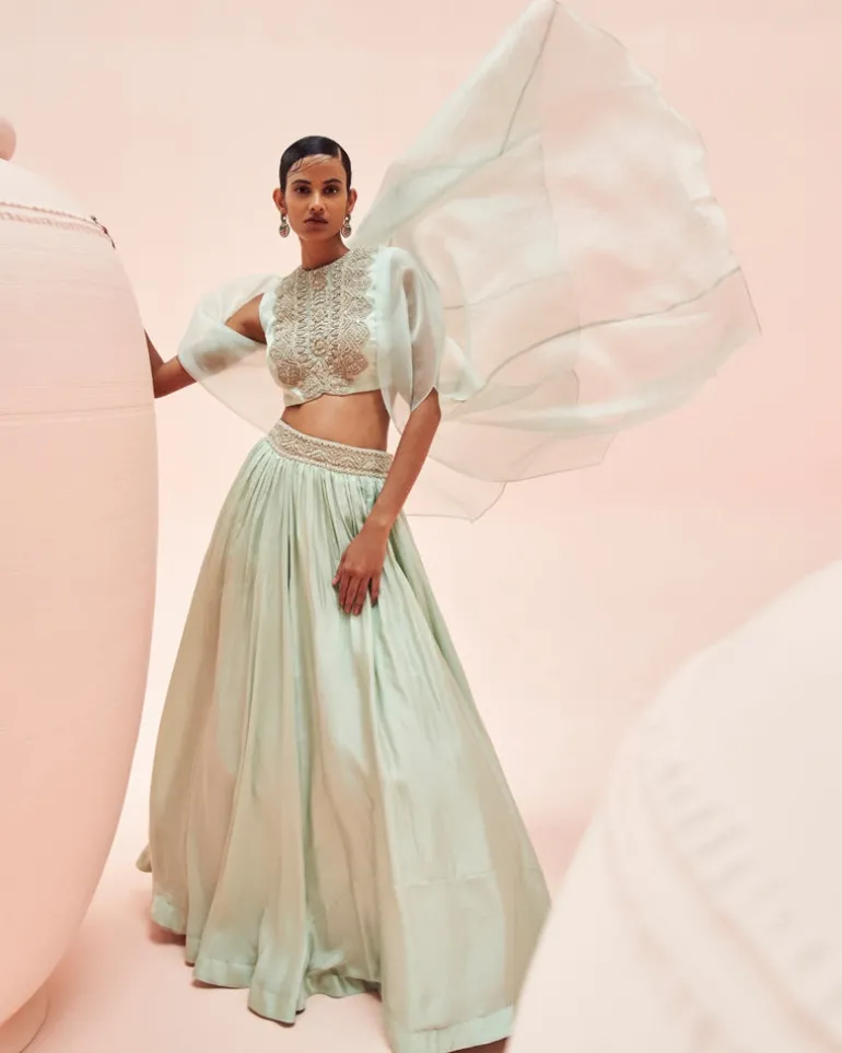 Aqua Lehenga And Cape Set