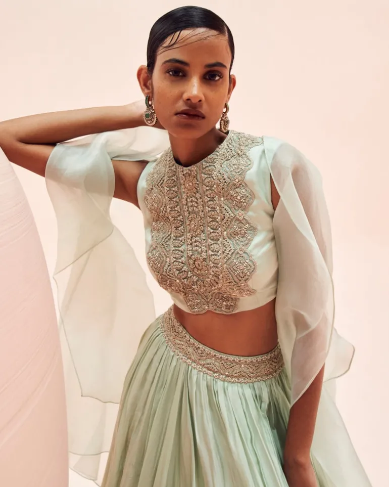 Aqua Lehenga And Cape Set