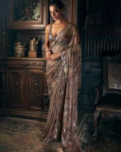 Ash Grey Sequin Sari Set
