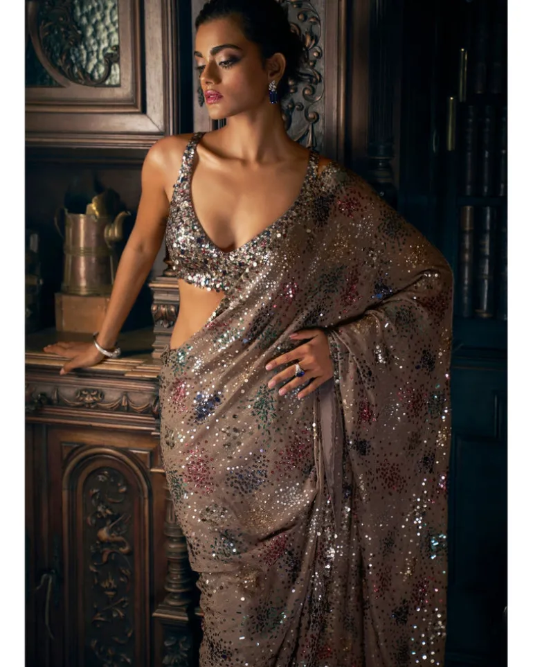 Ash Grey Sequin Sari Set