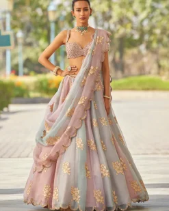 Ash Pink Flower Lehenga Set