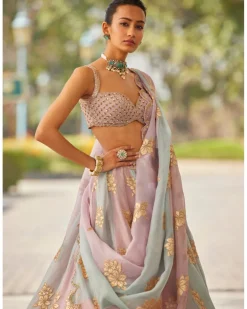 Ash Pink Flower Lehenga Set