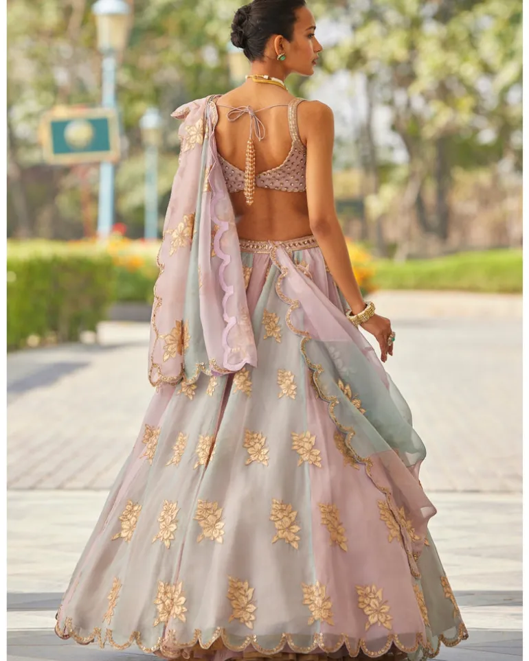 Ash Pink Flower Lehenga Set