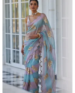 Ash Pink Flower Sari Set