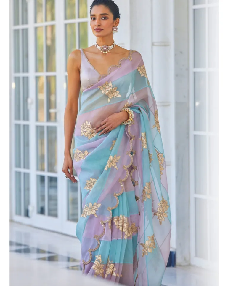 Ash Pink Flower Sari Set
